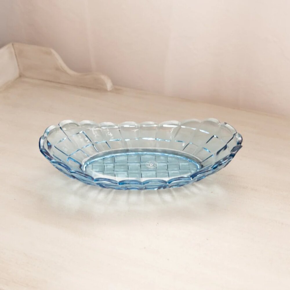 Vintage Medium Oval Blue Dalzell-Viking Glass Shallow Bowl with Block Design